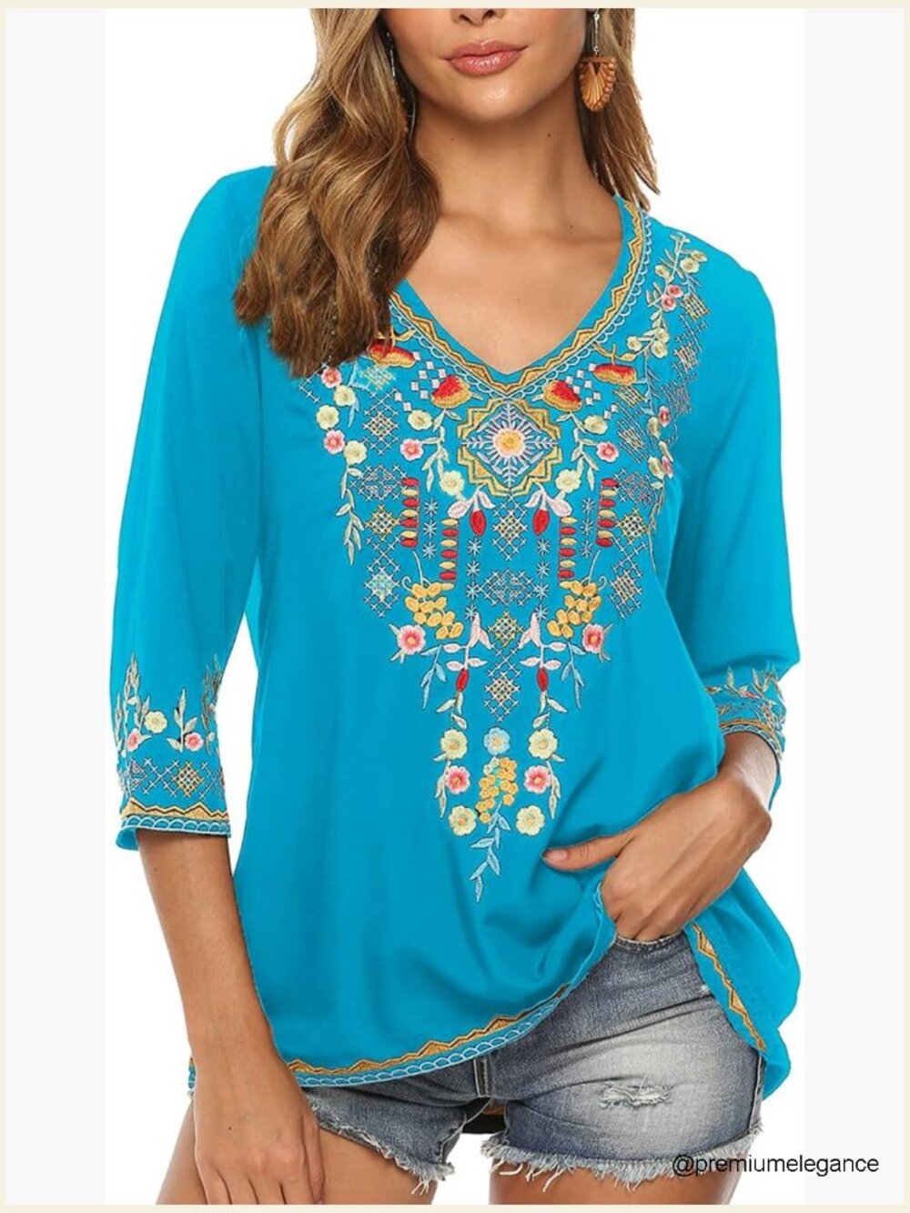 Embroidered V-Neck Tunic Blouse 3/4 Sleeve Peasant Top Flowy